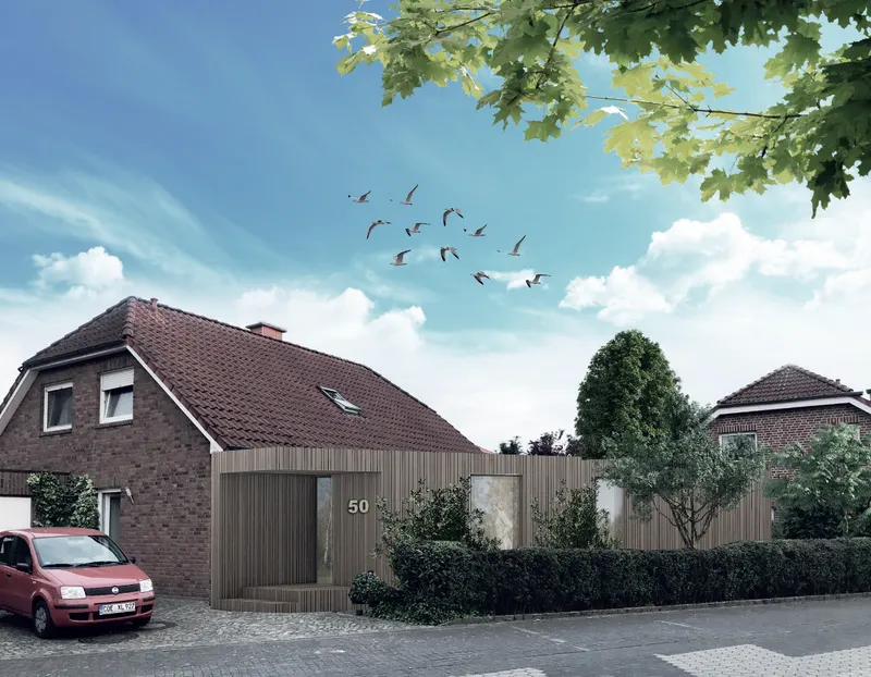 Visualisierung des erweiterten Wohnhauses in Havixbeck mit Holzanbau