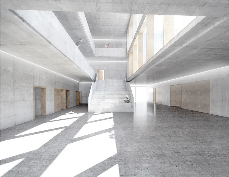 Visualisierung des lichtdurchfluteten Foyers im Hörsaalgebäude Landshut