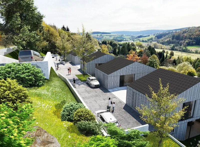Visualisierung der Ferienhäuser der Sauerland Lodge am Hang mit Blick ins Tal